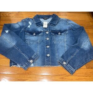 Ashley Stewart Jean Jacket Womens Plus 22 24 Blue Cropped Lace Up Back NWT Denim